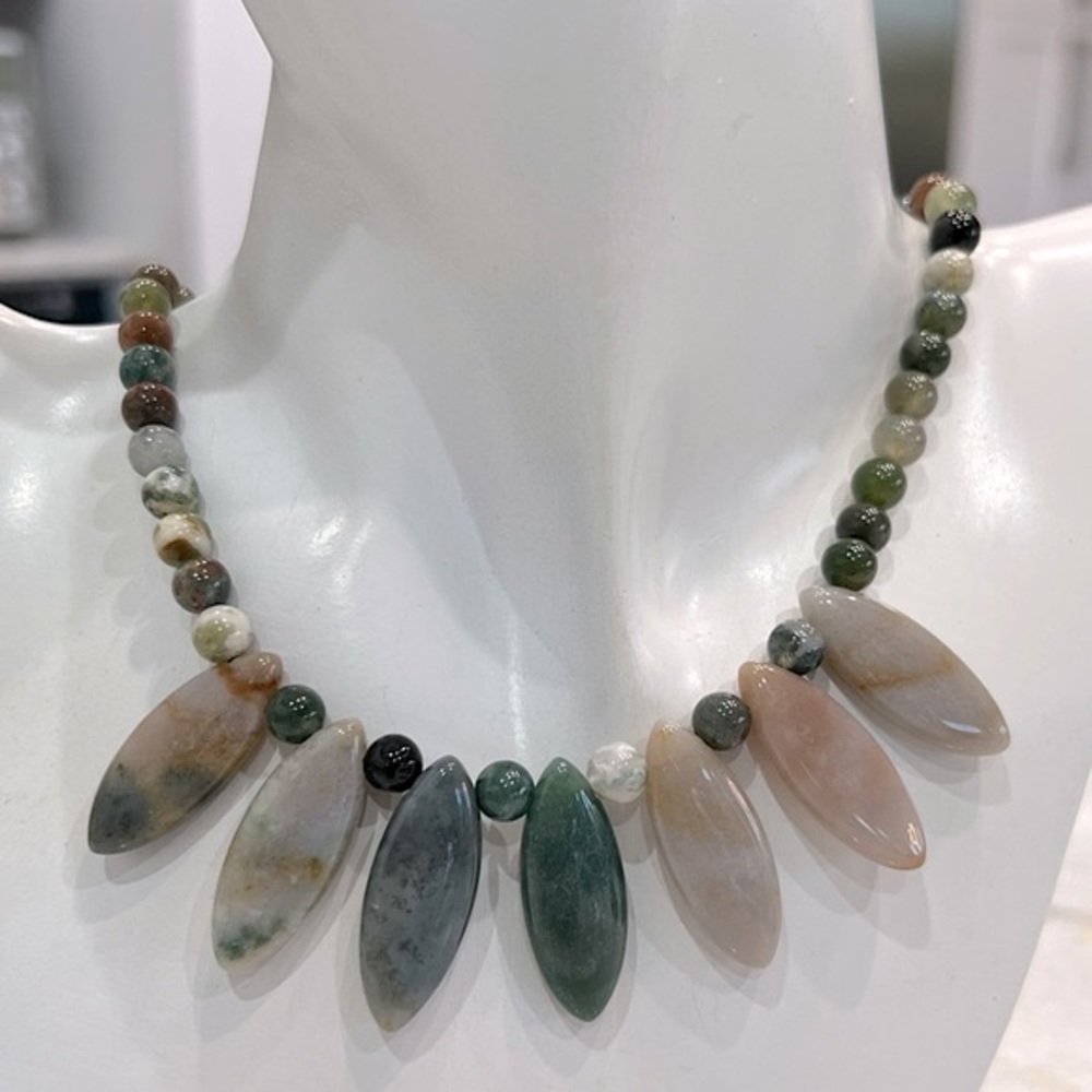 Indian Agate Bead Silver Drop Necklace
